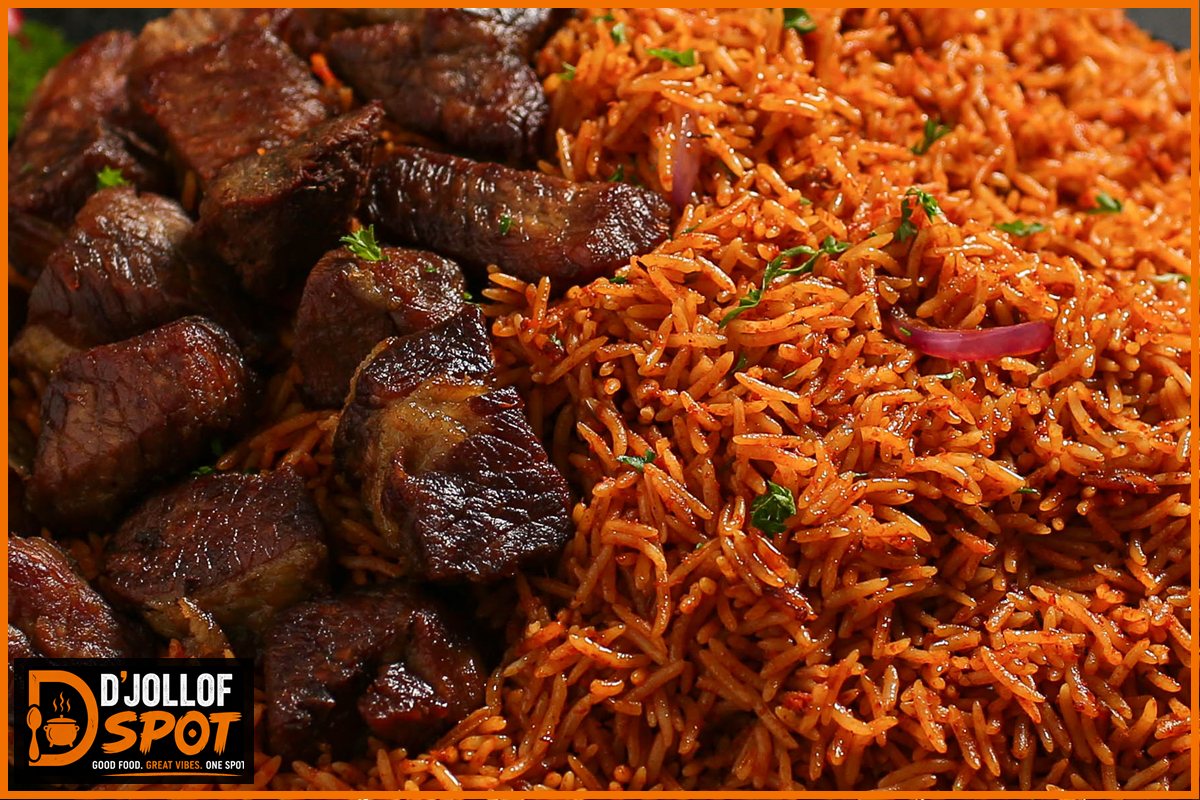 Beef jollof rice with tender marinated beef chunks