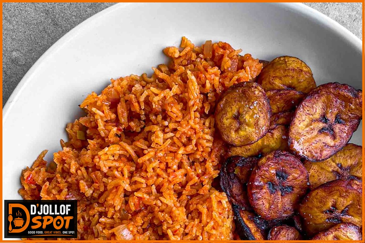 Classic party-style jollof rice served with sweet fried plantains