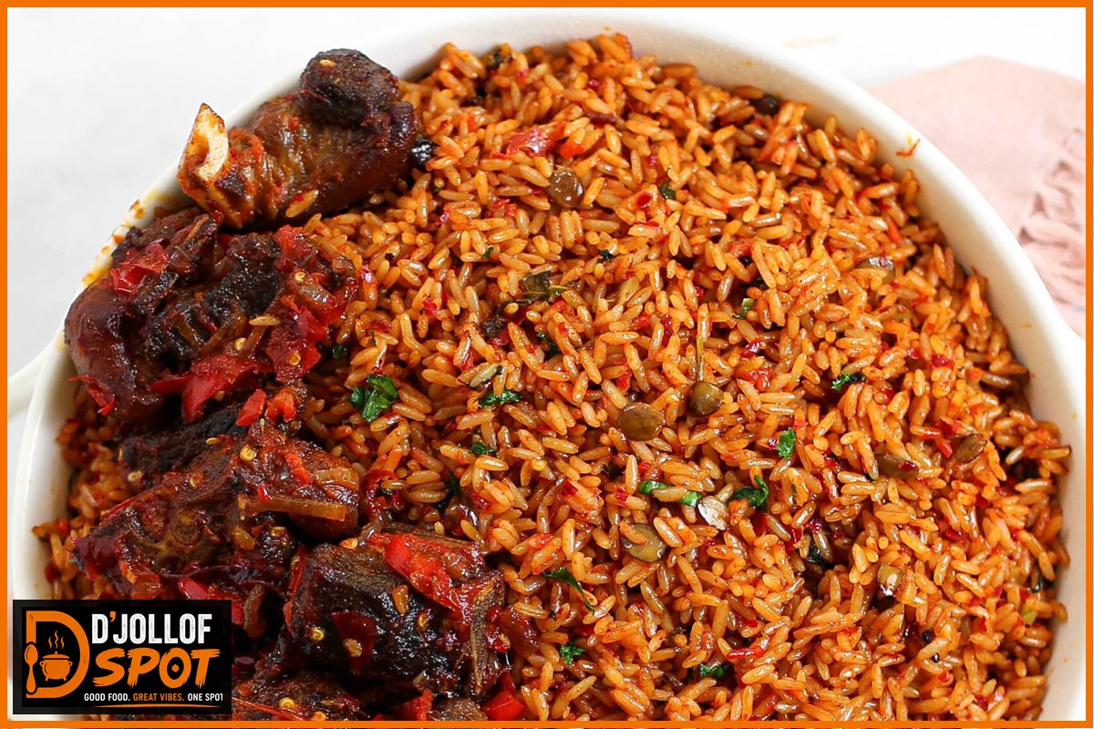 Goat jollof rice with peppered goat meat