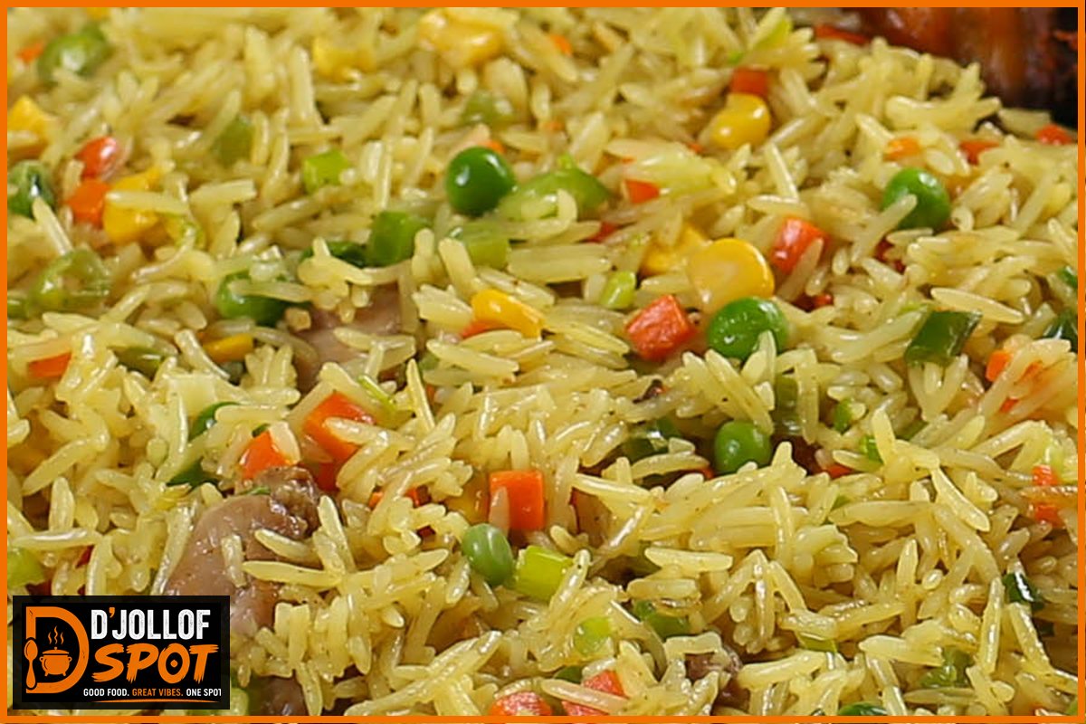 Special African-style fried rice with peas, carrots, sweet corn and peppers